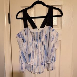 DKNY Black Strap Abstract Blue White Blouse